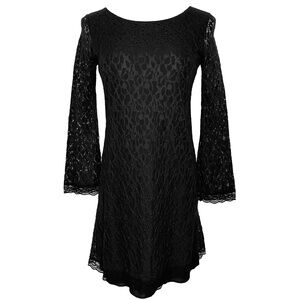 Black Lace Dress Floral Sheer Sleeves Lined Romantic Date Night Evening